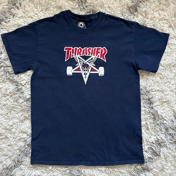 Y2K Authentic Thrasher Magazine Goat Horn Devil 666 Logo Blue T Shirt Size M - Picture 1 of 5